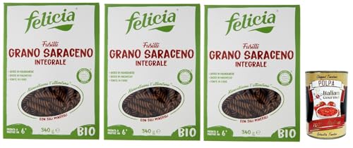 Felicia Fusilli di Grano Saraceno Integrale,Pasta mit 100% Buchweizen, Natürlich Glutenfrei,Packung mit 3x 340g + Italian Gourmet Polpa di Pomodoro 400g Dose von Italian Gourmet E.R.