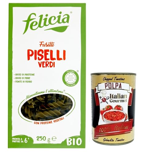 Felicia Fusilli di Piselli Verdi,Pasta mit 100% Grüne Erbsen aus einer Italienischen Lieferkette,Bio und Natürlich Glutenfrei,Packung mit 250g + Italian Gourmet Polpa di Pomodoro 400g Dose von Italian Gourmet E.R.