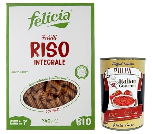 Felicia Fusilli di Riso Integrale,Pasta mit 100 % braunem Reis aus der italienischen Lieferkette,Bio und Natürlich Glutenfrei,Packung mit 340g + Italian Gourmet Polpa di Pomodoro 400g Dose von Italian Gourmet E.R.