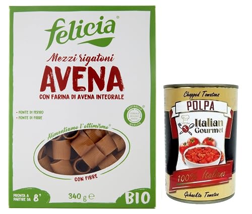 Felicia Mezzi Rigatoni Avena,Pasta con Farina di Avena integrale,Nudeln mit Vollkorn-Haferflocken,Bio und Natürlich Glutenfrei,Packung mit 340g + Italian Gourmet Polpa di Pomodoro 400g Dose von Italian Gourmet E.R.