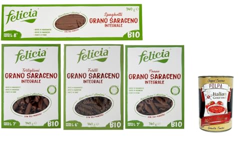 Felicia Pasta Testpaket Saraceno Integrale, Pasta mit 100% Buchweizen, Natürlich Glutenfrei,Packung mit 4x 340g + Italian Gourmet Polpa di Pomodoro 400g Dose von Italian Gourmet E.R.