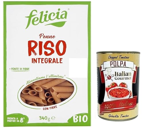 Felicia Penne di Riso Integrale,Pasta mit 100 % braunem Reis aus der italienischen Lieferkette,Bio und Natürlich Glutenfrei,Packung mit 340g + Italian Gourmet Polpa di Pomodoro 400g Dose von Italian Gourmet E.R.