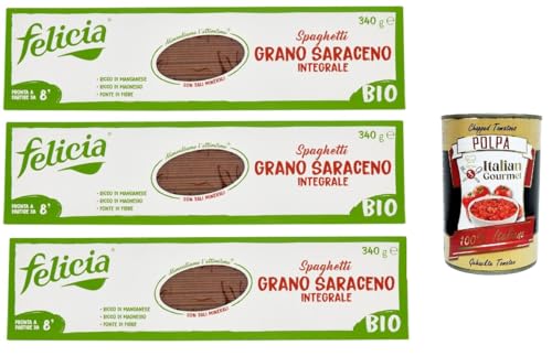 Felicia Spaghetti di Grano Saraceno Integrale,Pasta mit 100% Buchweizen, Natürlich Glutenfrei,Packung mit 3x 340g + Italian Gourmet Polpa di Pomodoro 400g Dose von Italian Gourmet E.R.