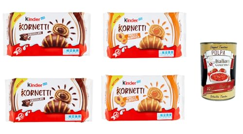 Ferrero Kinder Kornetti Testpaket Cioccolato - Pesca und albicocca Cornetti Mit Schokolade Gefüllte Croissants Packung mit 4x 252g, jede Packung enthält 6 Croissants + Italitan Gourmet polpa 400g von Italian Gourmet E.R.