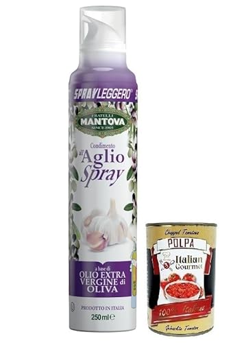 Fratelli Mantova Condimento all'Aglio,Spray Nativem Olivenöl Extra Knoblauch aromatisiert,Italienisches Sprühöl 250ml + Italian Gourmet Polpa di Pomodoro 400g Dose von Italian Gourmet E.R.