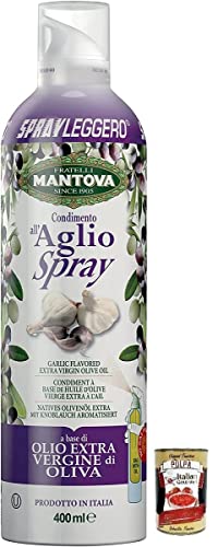 Fratelli Mantova Condimento all'Aglio,Spray Nativem Olivenöl Extra Knoblauch aromatisiert,Italienisches Sprühöl 400ml + Italian Gourmet Polpa di Pomodoro 400g Dose von Italian Gourmet E.R.