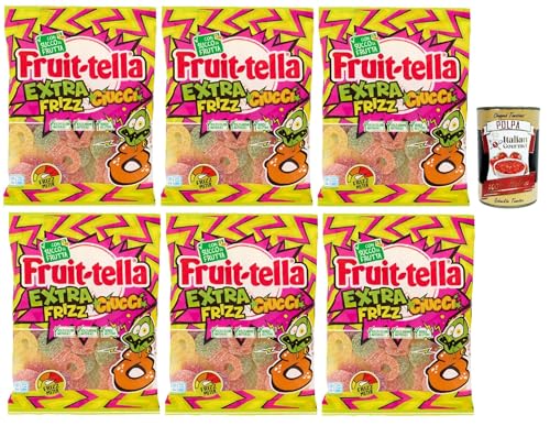 Fruittella Ciucci Extra Frizz Caramelle Gommose, Gummose, funkelnde Süßigkeiten, verschiedene Früchte mit Fruchtsaft, glutenfreier, 6x 165g + Italian Gourmet polpa 400g von Italian Gourmet E.R.