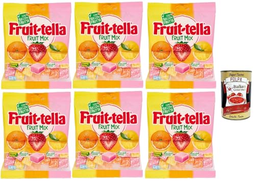 Fruittella Fruit Mix Chewy, Weich orange, Erdbeer- und Zitronen -Aroma -Süßigkeiten mit Fruchtsaft, 6x 160g + Italian Gourmet polpa 400g von Italian Gourmet E.R.