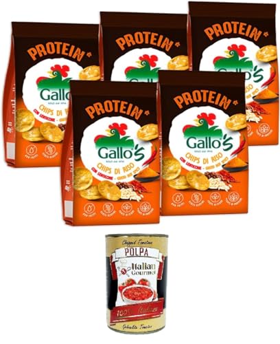 Gallo’s Protein Chips di Riso Integrale e Lenticchie al Gusto Hot Spicy, Gallo's Proteinchips aus braunem Reis und Linsen mit scharf-würzigem Geschmack,5x40g+ Italian Gourmet Polpa di Pomodoro 400g von Italian Gourmet E.R.