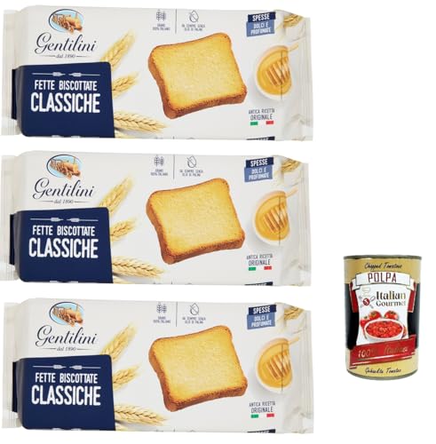 Gentilini Fette Biscottate Classiche Zwieback Backwaren 100% italienisches Produkt 3x 185g + Italian Gourmet polpa 400g von Italian Gourmet E.R.