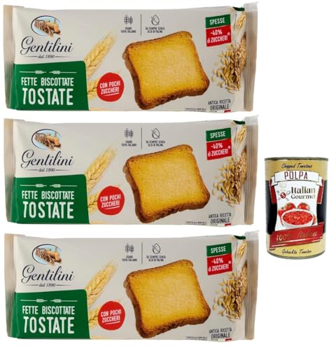 Gentilini Fette Biscottate Tostate dicke geröstete Zwieback Brot Backwaren mit weniger Zucker 100% Italienisches Produkt 3x 175g + Italian Gourmet polpa 400g von Italian Gourmet E.R.