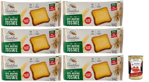 Gentilini Fette Biscottate Tostate dicke geröstete Zwieback Brot Backwaren mit weniger Zucker 100% Italienisches Produkt 6x 175g + Italian Gourmet polpa 400g von Italian Gourmet E.R.