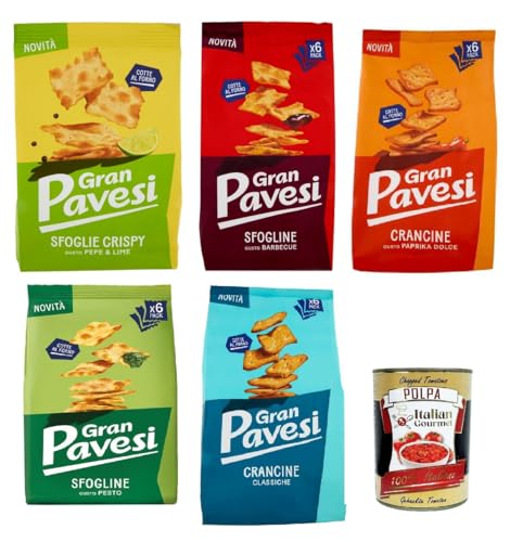 Gram Pavesi Testpaket Sfogline & Crancine Knuspriger Blätterteig-Snack 4x 180gr 1x 150gr + Italian Gourmet Polpa di Pomodoro 400g von Italian Gourmet E.R.