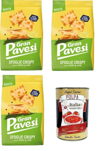 Gran Pavesi Knuspriger Blätterteig-Snack mit Pfeffer- und Limettengeschmack, gebacken, 3 x 150 g+ Italian Gourmet Polpa di Pomodoro 400g von Italian Gourmet E.R.