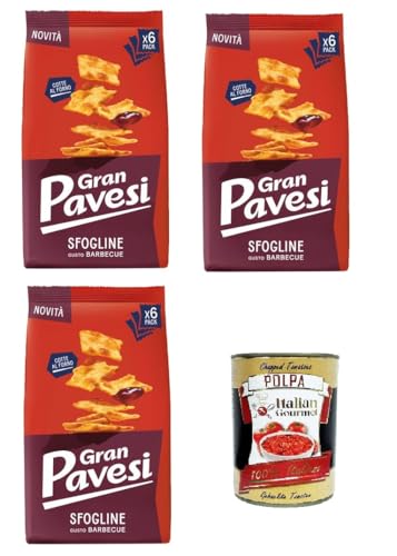 Gran Pavesi Sfogline Snack croccante di pasta sfoglia al gusto di Barbecue Knuspriger Blätterteig-Snack mit Barbecue-Geschmack 3x 180gr+ Italian Gourmet Polpa di Pomodoro 400g von Italian Gourmet E.R.