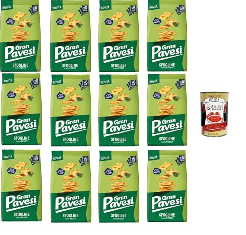 Gran Pavesi Sfogline Snack croccante di pasta sfoglia al gusto di Pesto Sfogline Knuspriger Blätterteig-Snack mit Pesto-Geschmack, gebacken 12x180gr + Italian Gourmet Polpa di Pomodoro 400g von Italian Gourmet E.R.