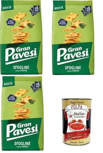 Gran Pavesi Sfogline Snack croccante di pasta sfoglia al gusto di Pesto Sfogline Knuspriger Blätterteig-Snack mit Pesto-Geschmack, gebacken 3x180gr + Italian Gourmet Polpa di Pomodoro 400g von Italian Gourmet E.R.