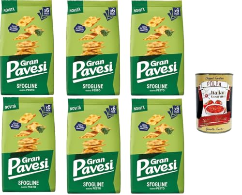 Gran Pavesi Sfogline Snack croccante di pasta sfoglia al gusto di Pesto Sfogline Knuspriger Blätterteig-Snack mit Pesto-Geschmack, gebacken 6x180gr + Italian Gourmet Polpa di Pomodoro 400g von Italian Gourmet E.R.