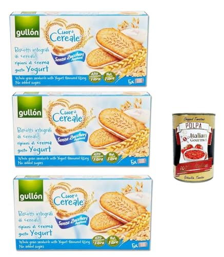 Gullón Cuor Di Cereali Sandwich Con Crema yogurt Senza Zuccheri Aggiunti, kekse, Vollkorn-Getreidekekse, gefüllt mit Joghurtcreme ohne Zuckerzusatz, 3x 220g + Italian Gourmet polpa 400g von Italian Gourmet E.R.