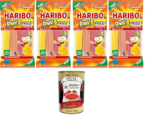 Haribo Bandz Frizzi Caramelle Gommose Frizzanti Veggie Gusto Frutta,Bandz Frizzi Sparkling Gummy Bonbons mit Veggie-Frucht-Geschmack, 4x160g+ Italian Gourmet polpa 400g von Italian Gourmet E.R.