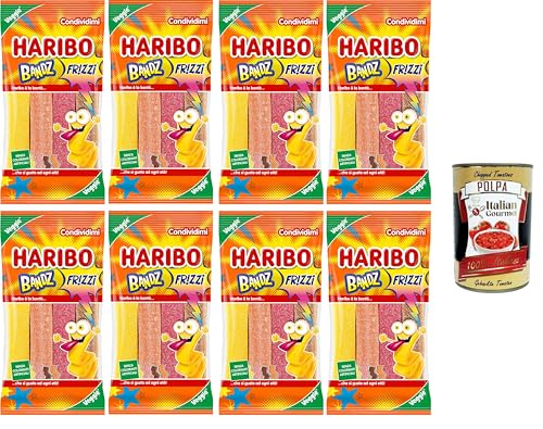 Haribo Bandz Frizzi Caramelle Gommose Frizzanti Veggie Gusto Frutta,Bandz Frizzi Sparkling Gummy Bonbons mit Veggie-Frucht-Geschmack, 8x160g+ Italian Gourmet polpa 400g von Italian Gourmet E.R.