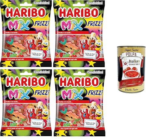 Haribo Frizzi Mix, prickelnde Gummibonbons, Fruchtgeschmack, ideal für Partys und süße Momente der Entspannung – 4x175 g+ Italian Gourmet polpa 400g von Italian Gourmet E.R.