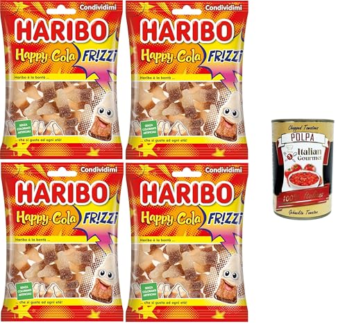 Haribo Happy Cola Frizzi, kohlensäurehaltige Gummibonbons, Cola-Geschmack, ideal für Partys und süße Momente der Entspannung –4x 175 g + Italian Gourmet polpa 400g von Italian Gourmet E.R.