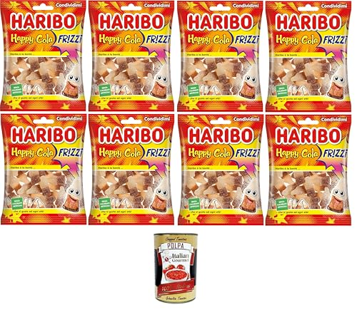 Haribo Happy Cola Frizzi, kohlensäurehaltige Gummibonbons, Cola-Geschmack, ideal für Partys und süße Momente der Entspannung –8x 175 g + Italian Gourmet polpa 400g von Italian Gourmet E.R.