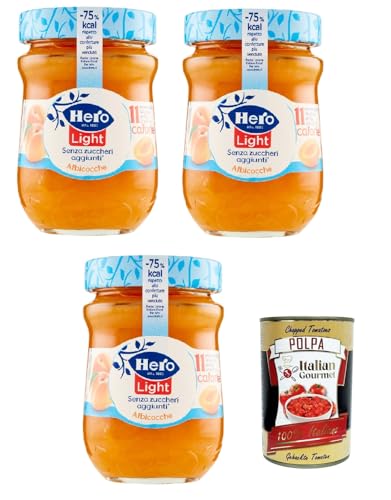 Hero Light Konfitüre Leichte Brotaufstriche Aprikosen, Extra-Marmelade und Konfitüre mit hochwertigen Früchten, ohne Zuckerzusatz und sehr wenig Kalorien 3x 280 g + Italian Gourmet polpa 400g von Italian Gourmet E.R.