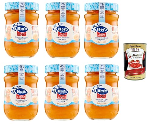 Hero Light Konfitüre Leichte Brotaufstriche Aprikosen, Extra-Marmelade und Konfitüre mit hochwertigen Früchten, ohne Zuckerzusatz und sehr wenig Kalorien 6x 280 g + Italian Gourmet polpa 400g von Italian Gourmet E.R.