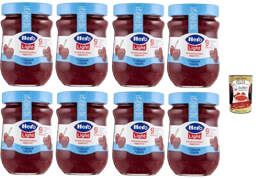 Hero Light Light Rote Kirschen, Marmelade, 8 Gläser mit 280 g, Marmelade und zusätzlicher Marmelade, hochwertige Früchte, ohne Konservierungsstoffe und ohne Farbstoffe + Italian Gourmet polpa 400g von Italian Gourmet E.R.