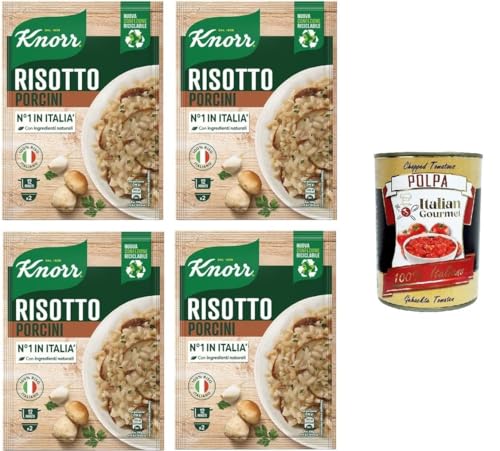 Knorr Risotto Ai Funghi Porcini,fertiges Risotto mit natürlichen Zutaten,100% italienischem Reis und Chicci al Dente, zubereitet in der Pfanne oder in der Mikrowelle,4x175 g+Italian Gourmet polpa 400g von Italian Gourmet E.R.