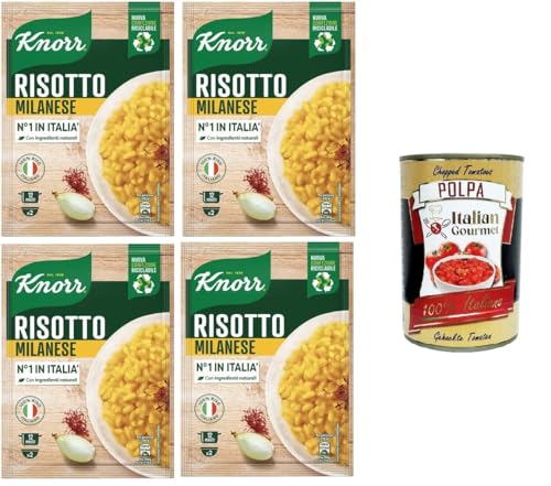 Knorr Risotto Alla Milanese,fertiges Risotto mit natürlichen Zutaten,100% italienischem Reis und Chicci al Dente, zubereitet in der Pfanne oder in der Mikrowelle, 4x175 g+Italian Gourmet polpa 400g von Italian Gourmet E.R.