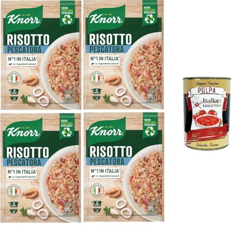 Knorr Risotto Alla Pescatora,fertiges Risotto mit natürlichen Zutaten,100% italienischem Reis und Chicci al Dente, zubereitet in der Pfanne oder in der Mikrowelle, 4x175 g+Italian Gourmet polpa 400g von Italian Gourmet E.R.