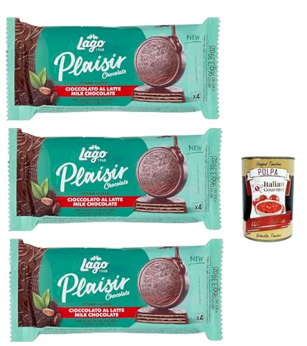 Lago Plaisir Chocolate, Runde Waffeln, überzogen mit Milchschokolade und gefüllt mit einer doppelten Schicht Kakaocreme, 3x 4 Einzelportionen, 96g (4x24g) + Italian Gourmet polpa 400g von Italian Gourmet E.R.