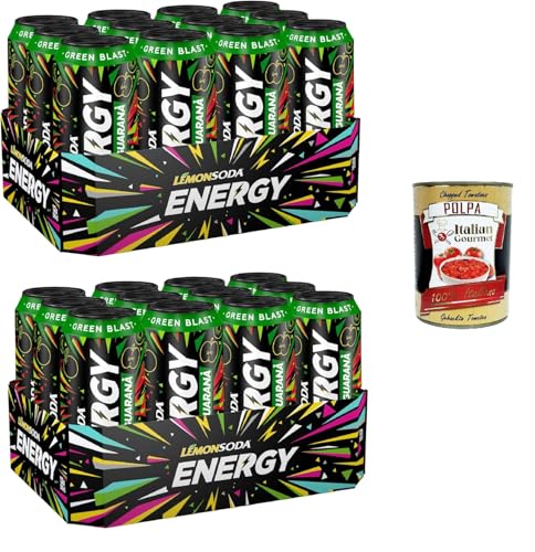 Lemonsoda-Energie | Green Blast, Energy Drink mit Guarana, Apfelsaft und Kiwi, 24 Dosen à 50 cl, mit Vitaminen und Koffein+ Italian Gourmet Polpa di Pomodoro 400g von Italian Gourmet E.R.