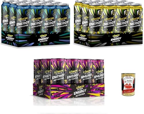 Lemonsoda Energy Activator Testpaket- Lemon Original,Mojito,Tropical Trip, Energy Drink mit tropischem Fruchtgeschmack, 36 Dosen à 33 cl, + Italian Gourmet polpa 400g von Italian Gourmet E.R.