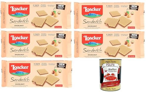 Loacker - Haselnuss-Sandwich - Waffel mit 2 leckeren knusprigen Waffeln gefüllt mit 100% italienischer Haselnusscreme 5x75gr+Italian Gourmet Polpa di Pomodoro 400gr von Italian Gourmet E.R.