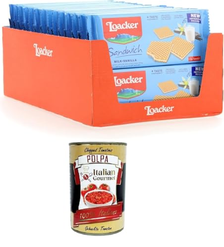 Loacker - Milch-Vanille-Sandwich - Waffelkekse mit einem Herz aus Milch und Vanillecreme, umhüllt von 2 knusprigen Kakaowaffeln 28x75gr+Italian Gourmet Polpa di Pomodoro 400gr von Italian Gourmet E.R.