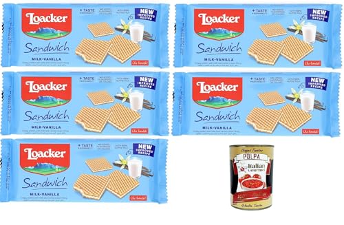 Loacker - Milch-Vanille-Sandwich - Waffelkekse mit einem Herz aus Milch und Vanillecreme, umhüllt von 2 knusprigen Kakaowaffeln 5x75gr+Italian Gourmet Polpa di Pomodoro 400gr von Italian Gourmet E.R.