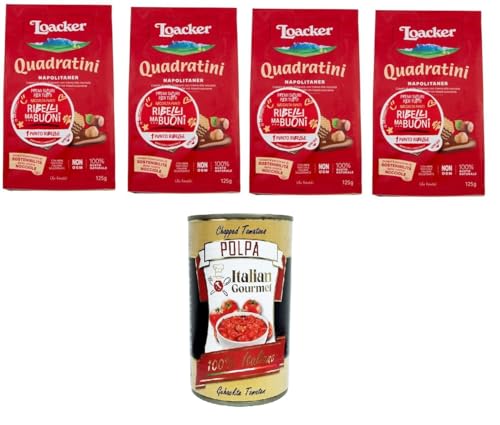 Loacker Quadratini Napolitaner Waffel mit Haselnusscreme 100% italienische Waffeln 4 x 125 g+ Italian Gourmet polpa 400g von Italian Gourmet E.R.