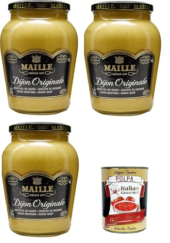 Maille Original Big Size Dijon-Senf, traditioneller kräftiger Dijon-Senf, weiche und cremige Konsistenz, geeignet für Sandwiches, Hühnchen- und Fischrezepte, 3x 800-ml-Glas+ Italian Gourmet polpa 400g von Italian Gourmet E.R.