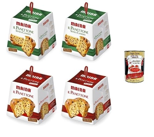 Maina Testpaket Panettone Classico - Ohne Kandierte Traditionelles italienisches Weihnachtsdessert - Weihnachts Kuchen 4 x 750g + Italian Gourmet polpa 400g von Italian Gourmet E.R.