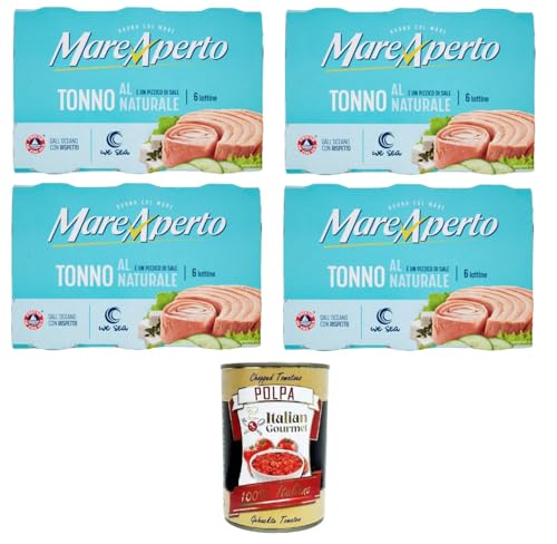 Mare Aperto Tonno al Naturale con un pizzico di sale Natürlicher Thunfisch mit einer Prise Salz 4x 480gr Packung mit 6 80g-Dosen + Italian Gourmet polpa 400g von Italian Gourmet E.R.