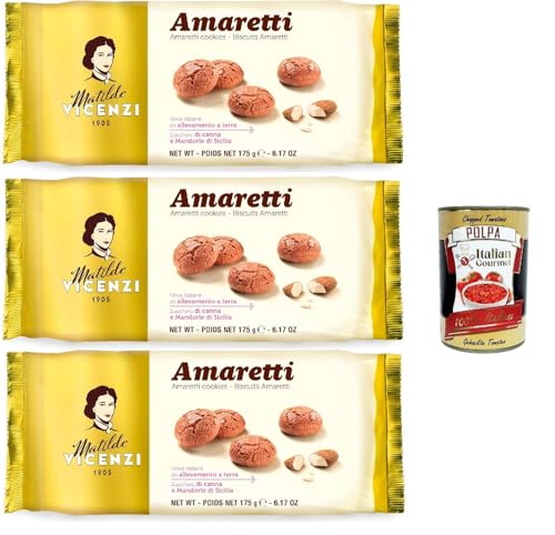 Matilde Vicenzi - Biscotti Amaretti, Pasticcini Tradizionali, Knusprig und bröckelig kekse, buiscuits mit Mandeln aus Sizilien, 3x 175 g + Italian GOurmet polpa 400g von Italian Gourmet E.R.