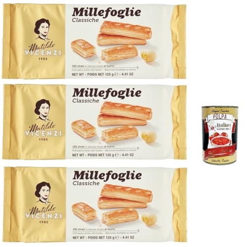 Matilde Vicenzi Millefoglie Classiche, Italienische Blätterteigstangen, zart, leicht und knusprig mit unwiderstehlicher und butterartiger Geschmack! 3x 125g kekse + Italian Gourmet polpa 400g von Italian Gourmet E.R.