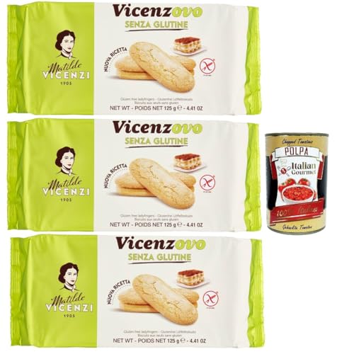 Matilde Vicenzi - Savoiardi Vicenzovo, Laktose und glutenfrei, traditionelle, einfache und leichte Kekse, hergestellt mit 26% frischen Eiern, Zucker und Mehl, 3x 125gr + Italian Gourmet polpa 400g von Italian Gourmet E.R.