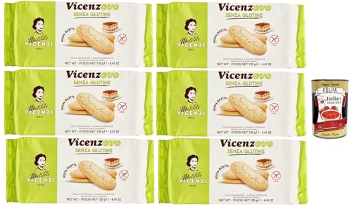 Matilde Vicenzi - Savoiardi Vicenzovo, Laktose und glutenfrei, traditionelle, einfache und leichte Kekse, hergestellt mit 26% frischen Eiern, Zucker und Mehl, 6x 125gr + Italian Gourmet polpa 400g von Italian Gourmet E.R.