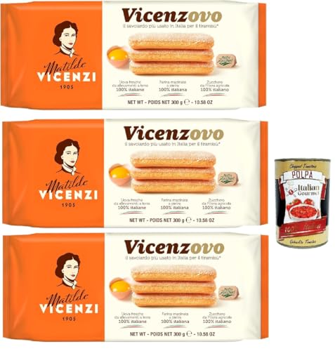 Matilde Vicenzi - Savoiardi Vicenzovo, Traditionelle, einfache und leichte Kekse, hergestellt mit 26% frischen Eiern, Zucker und Mehl, 3x 300 g + Italian Gourmet polpa 400g von Italian Gourmet E.R.