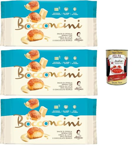 Matilde Vicenzi millefoglie Bocconcini al Latte e Cioccolato Bianco, Blätterteigbacken,knusprige und zarte,süße Snack, gefüllt mit Milch und weiße Schokoladecreme 3x 100g + Italian gourmet polpa 400g von Italian Gourmet E.R.